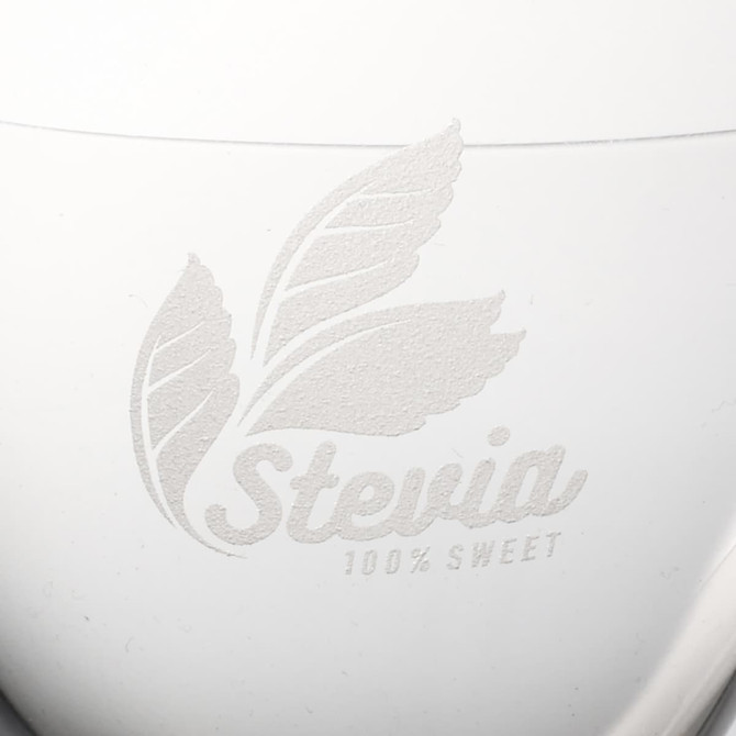 A white container with a logo featuring leaves and the word "Stevia" embossed on it.