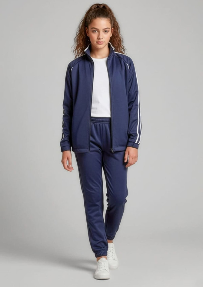 A navy blue track jacket with white stripes, styled with matching track pants and a white top. The model is standing.