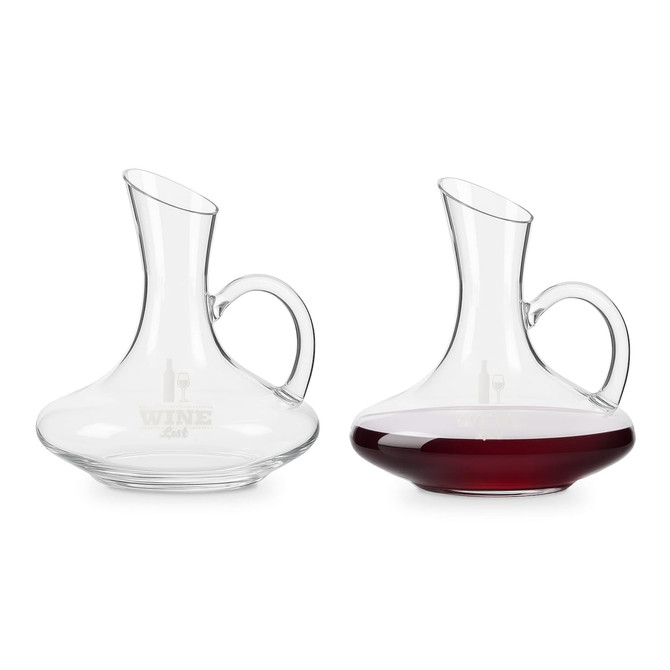 A glass handled wine decanter featuring a curved design, with one decanter displaying red wine. Both have a logo.