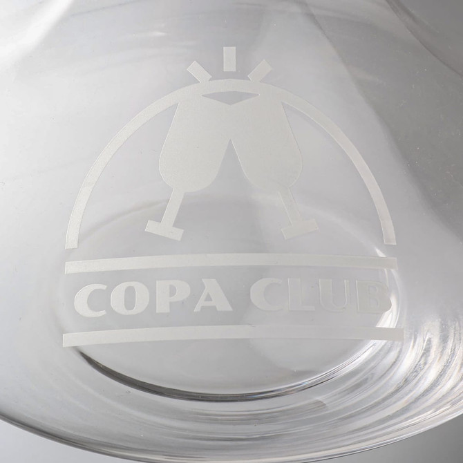 A clear glass wine decanter featuring an etched logo design. The shape is elegant and classic.