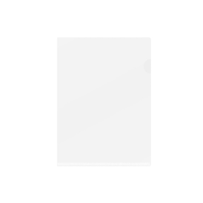 An A4 L-shaped open folder in clear plastic, featuring a subtle branding logo.