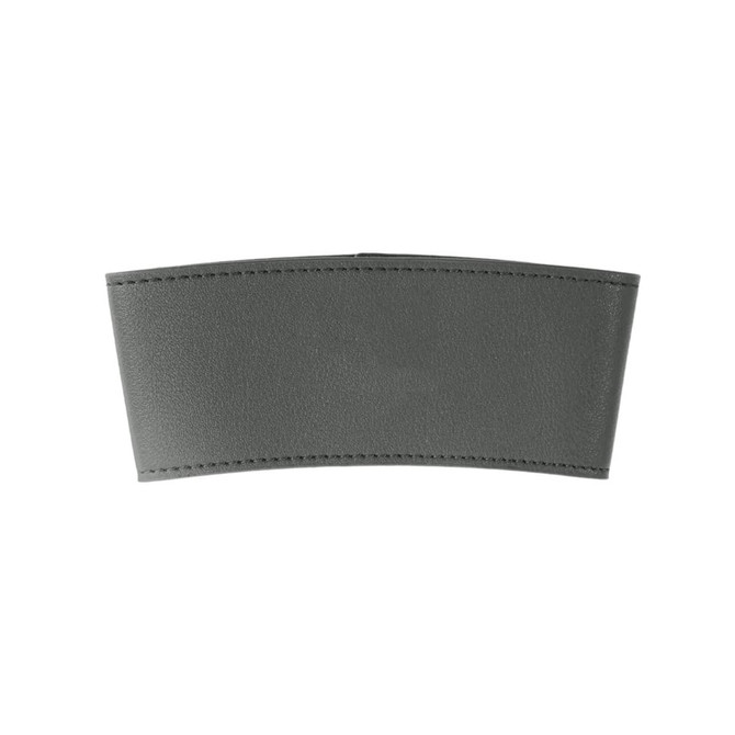 A grey leather cup sleeve with neat stitching and a smooth finish, featuring a logo.