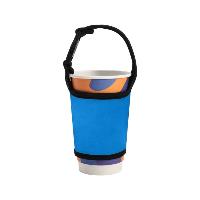 A drink bottle sleeve in bright blue, featuring a black strap, designed to fit a paper cup.
