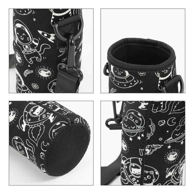A drink bottle carrier in black with a fun space-themed design featuring cats and UFOs. It includes a strap and has a logo.