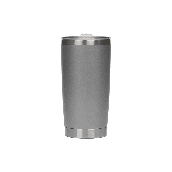 A stainless steel cup in a sleek grey finish, featuring a metallic rim and a logo on the side.