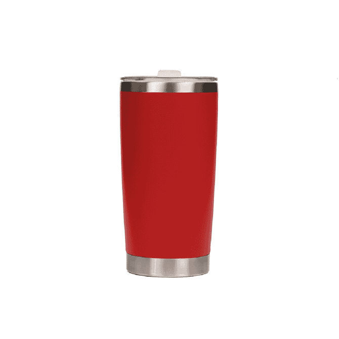 A drink bottle featuring a sleek red stainless steel exterior and a silver stainless steel base. It has a lid and a logo.