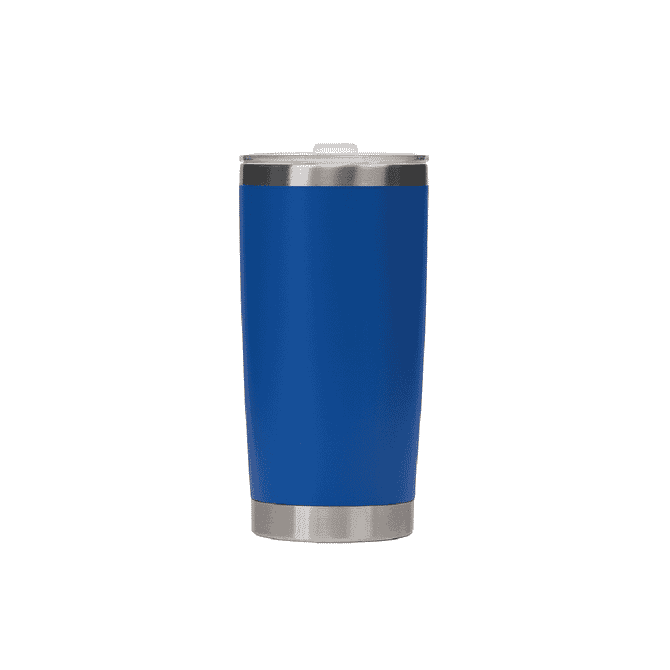 A drink bottle featuring a blue stainless steel design with a silver rim and a lid, branded with a logo.