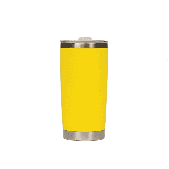 A drink bottle in vibrant yellow with a stainless steel base and a lid. It features a logo.
