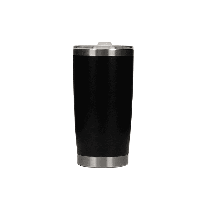 A drink bottle in black stainless steel with a silver rim and a lid, featuring a simple design.