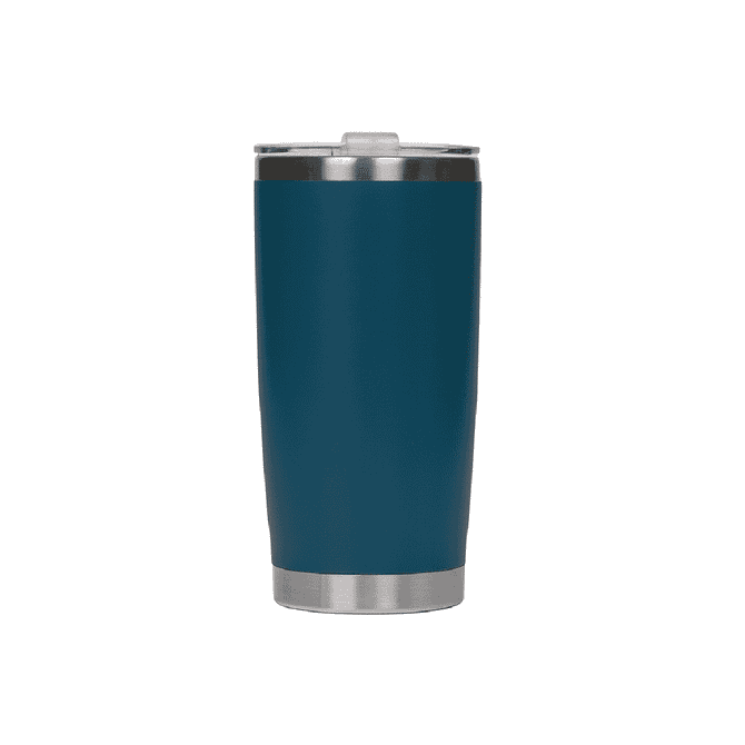 A stainless steel cup in a dark teal colour with a silver rim, featuring a lid.