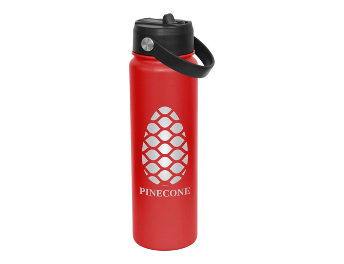 A drink bottle in red with a black spout and cap, featuring a logo on the side.