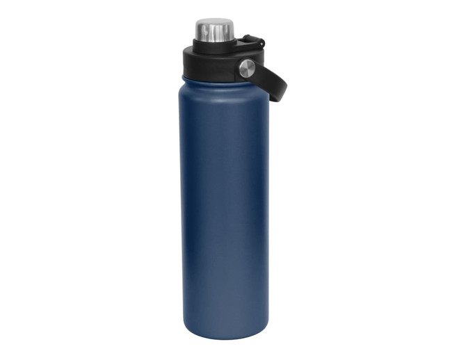 A drink bottle in a navy blue finish with a screw cap and a carry handle. It features a logo on the side.