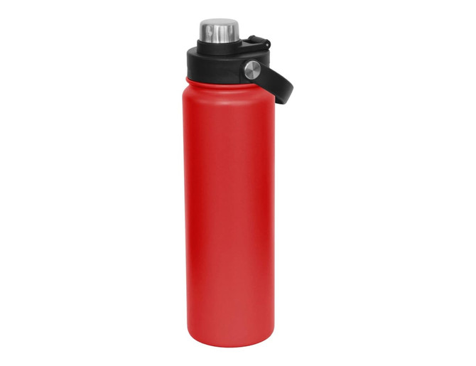 A drink bottle in vibrant red with a black screw cap and a carry handle, featuring a metal top.