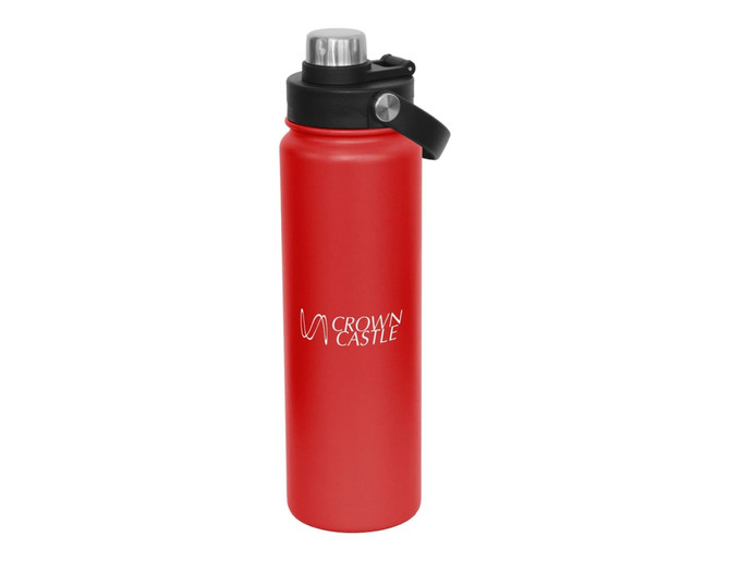 A drink bottle in vibrant red with a black screw cap and a handle. It features a logo on the side.