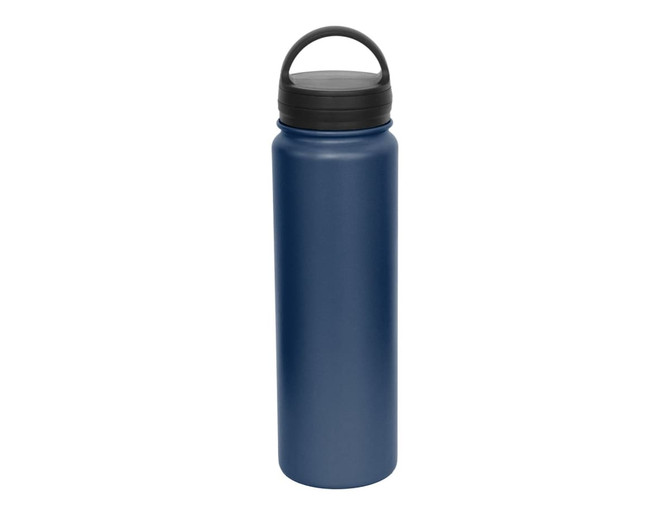 A drink bottle in navy blue with a black carry lid and a sturdy design, featuring a logo on its surface.