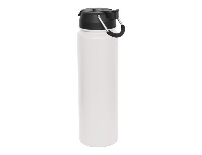 A drink bottle with a sleek white body and a black lid, featuring a carry handle and a logo.