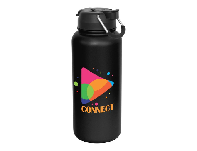 A drink bottle in black with a colourful logo and a screw-top lid. It features a handle for easy carrying.