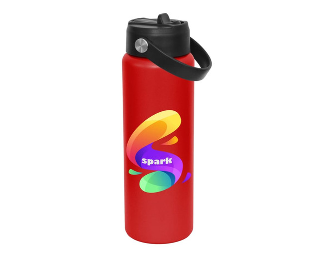 A drink bottle in red with a black lid and carry handle, featuring a multicoloured logo.
