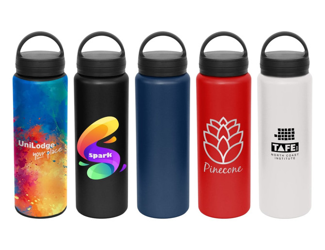 A drink bottle collection featuring multiple colours: blue, red, black, and white, with various designs and logos.