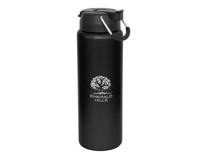 A drink bottle in matte black with a handle and a logo on the front. Suitable for various beverages.