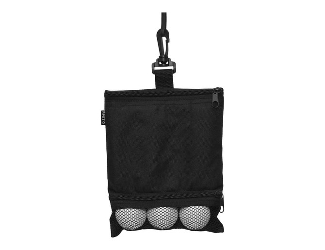 A black pouch with a zip and clip, holding three golf balls in a mesh compartment.