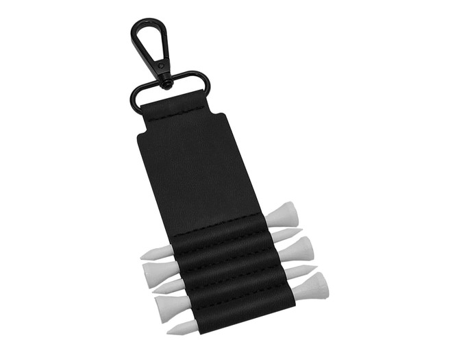 A black Birdie Golf Tee Holder featuring space for multiple white golf tees and a clip for attachment.