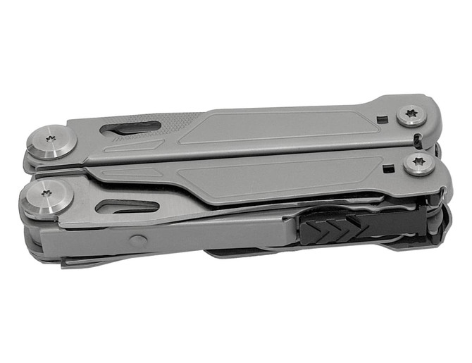 A grey multi-tool featuring various integrated tools, compact and foldable design, with a logo on the side.