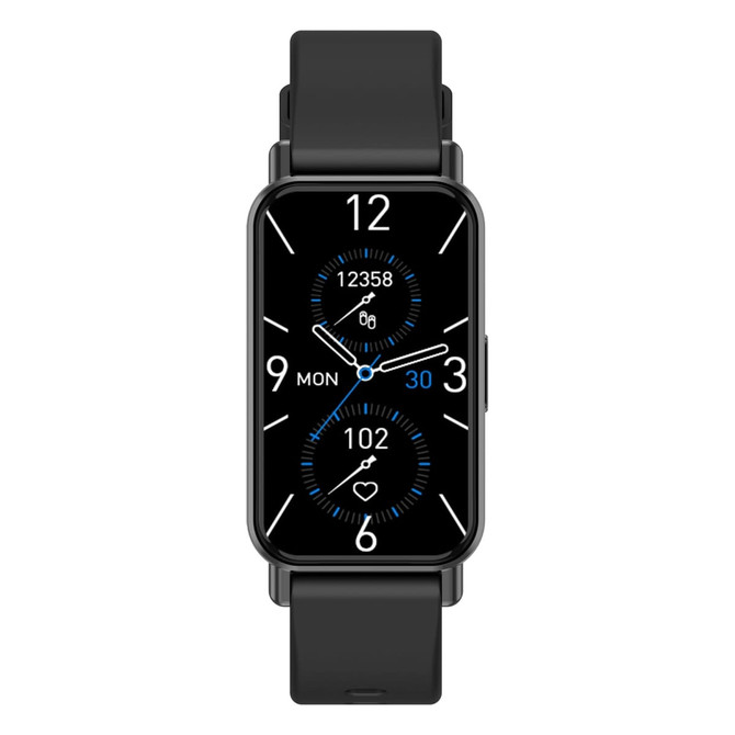 A slim black smart watch with a rectangular face, featuring digital time and fitness tracking displays.