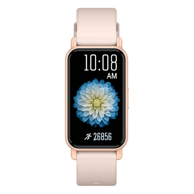 A slim smart watch in gold and beige, featuring a floral design on the display and a logo on the side.