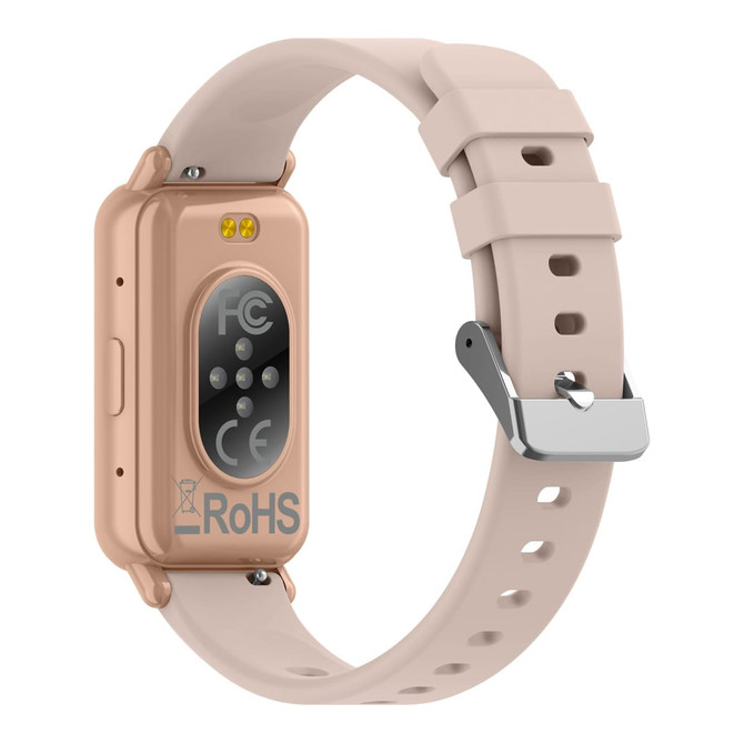 A slim smart watch in rose gold with a light pink strap, featuring a logo and sensors on the back.