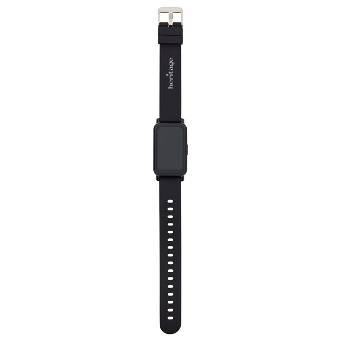 A slim black smart watch with a rectangular face and adjustable strap. It features a logo on the band.