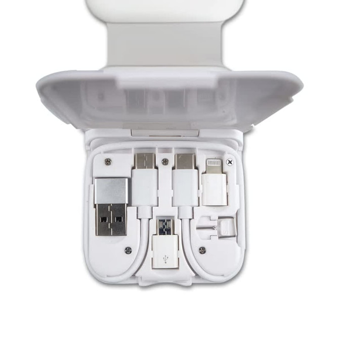 A white charging kit with multiple connectors for USB, Lightning, and micro USB, housed in a compact case.