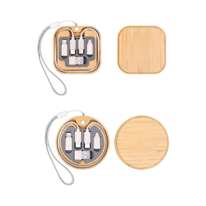 A wooden cable kit with multiple connectors and a 15W wireless charger, featuring a clean, eco-friendly design.