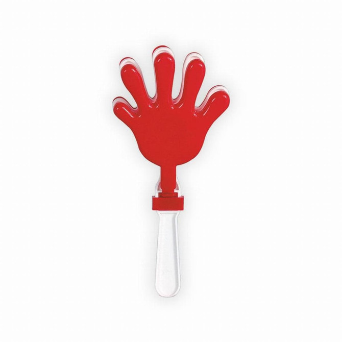 A red hand-shaped clapper with a white handle, designed for making noise and attracting attention.