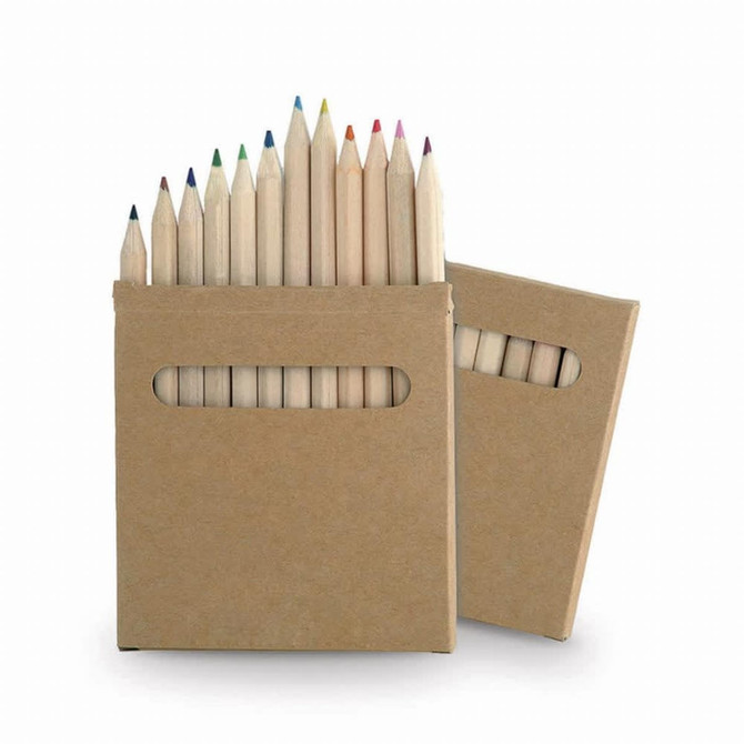 A 12-piece wooden pencil set in a cardboard box, featuring various pencil colours and a simple design.