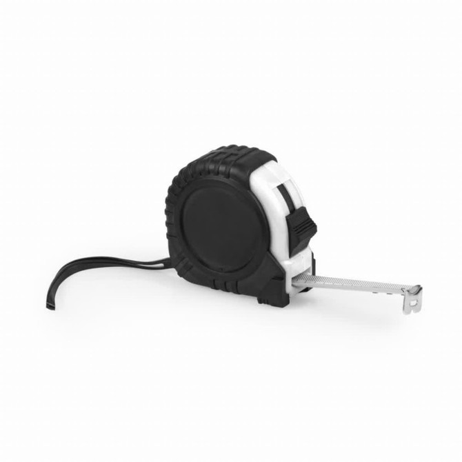 A rubber-coated flexometer in black and white, featuring a retractable measuring tape and a sturdy casing.