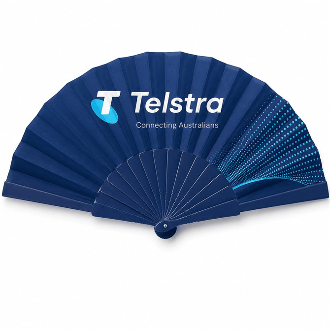 A red foldable fan with a sleek design and a small hole for hanging. It features a logo on one side.