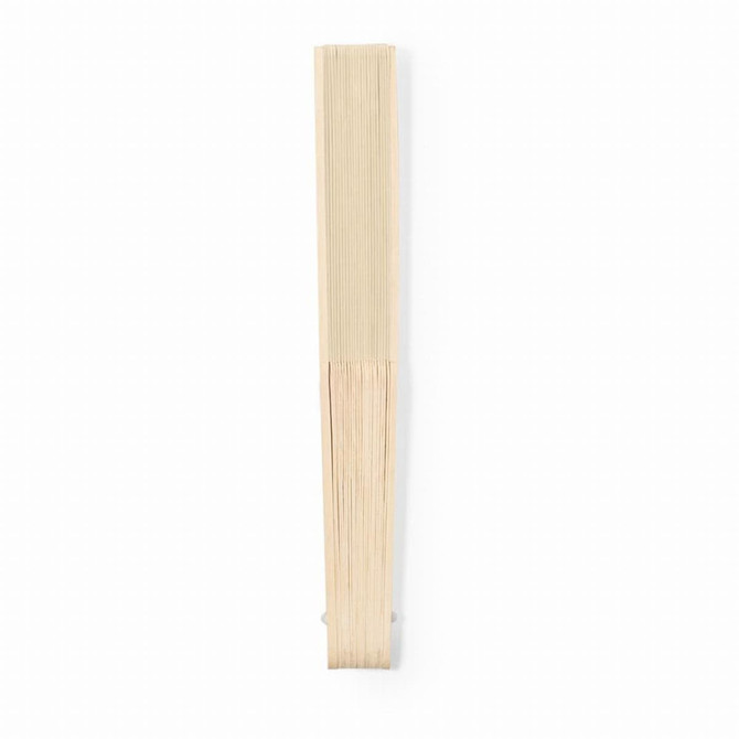 A bamboo hand fan in a natural beige colour, featuring slender slats and a simple design with a logo.