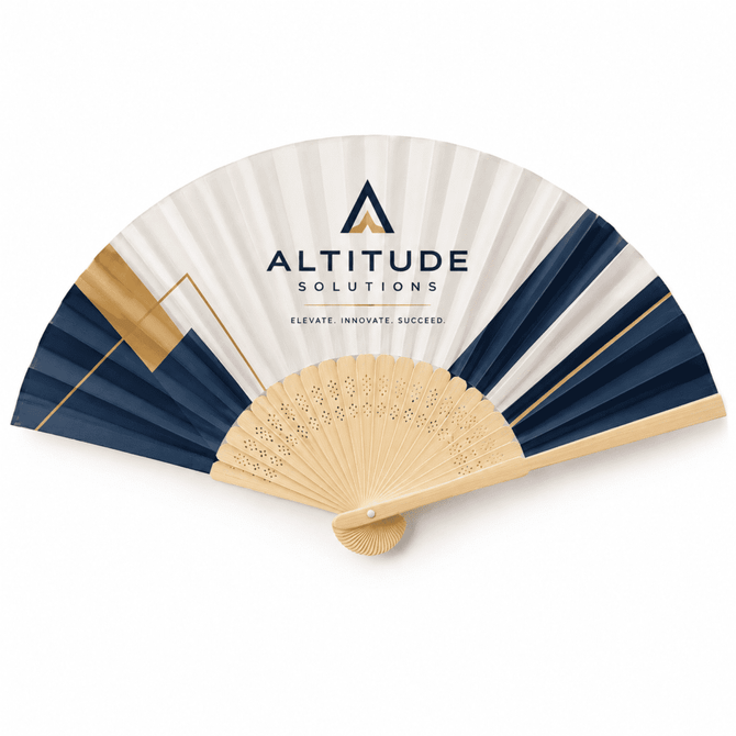 A bamboo hand fan featuring navy blue and white panels, with a logo and decorative gold accents.