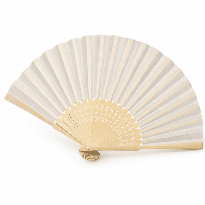 A bamboo hand fan with a cream and beige colour scheme, featuring a decorative pattern and a curved handle.