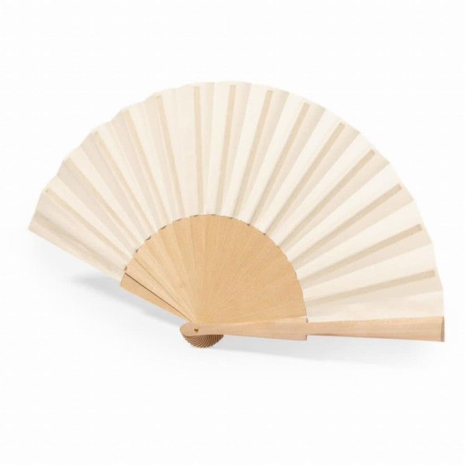 A wooden hand fan with a cream-coloured fabric surface and natural wooden frame, featuring a simple design.