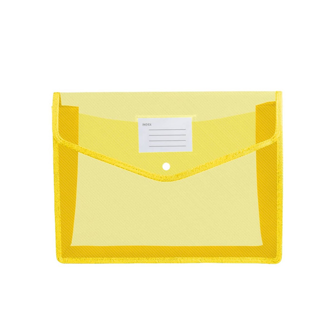 A yellow expanding document folder featuring a transparent front and a label area, with a closure button.