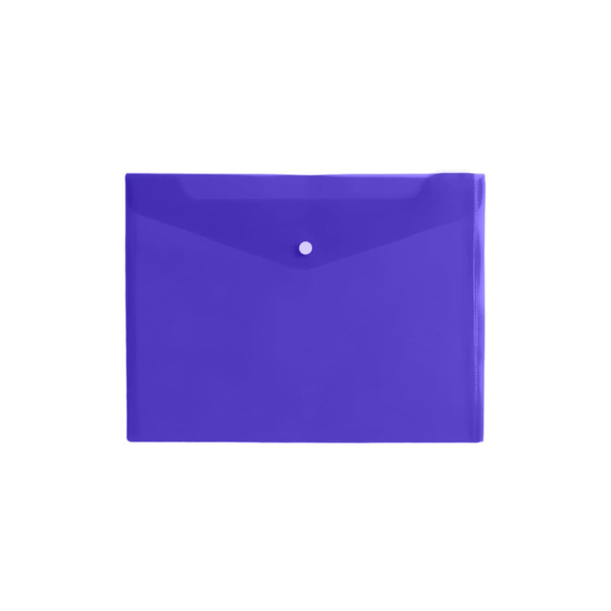 A4 clear file envelope in a vibrant purple colour, featuring a button closure and a transparent finish.