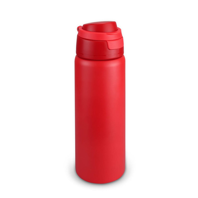 A drink bottle in vibrant red, featuring a secure screw-top lid and a sleek, matte finish.