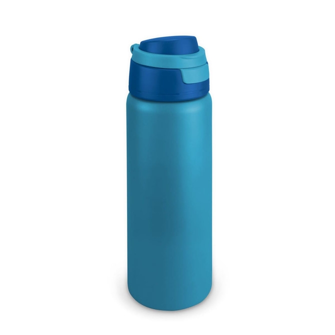 A drink bottle in a vibrant blue colour with a contrasting blue lid and a sleek design. It features a logo.