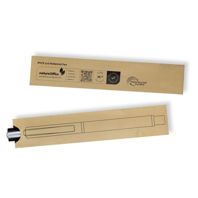 A SPICE Lyd Rollerball Pen in black, displayed with its packaging featuring a logo and eco-friendly credentials.