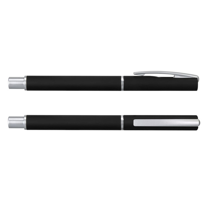 A rollerball pen in black with silver accents, featuring a smooth design and a clip for easy attachment.