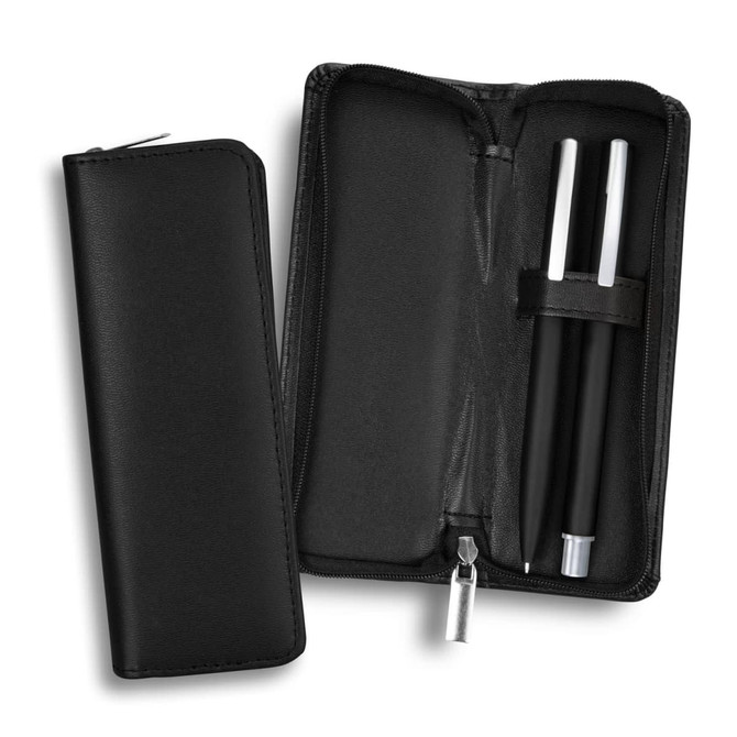A black pen set in a zippered case, featuring two pens and a sleek design. The case has a logo inside.