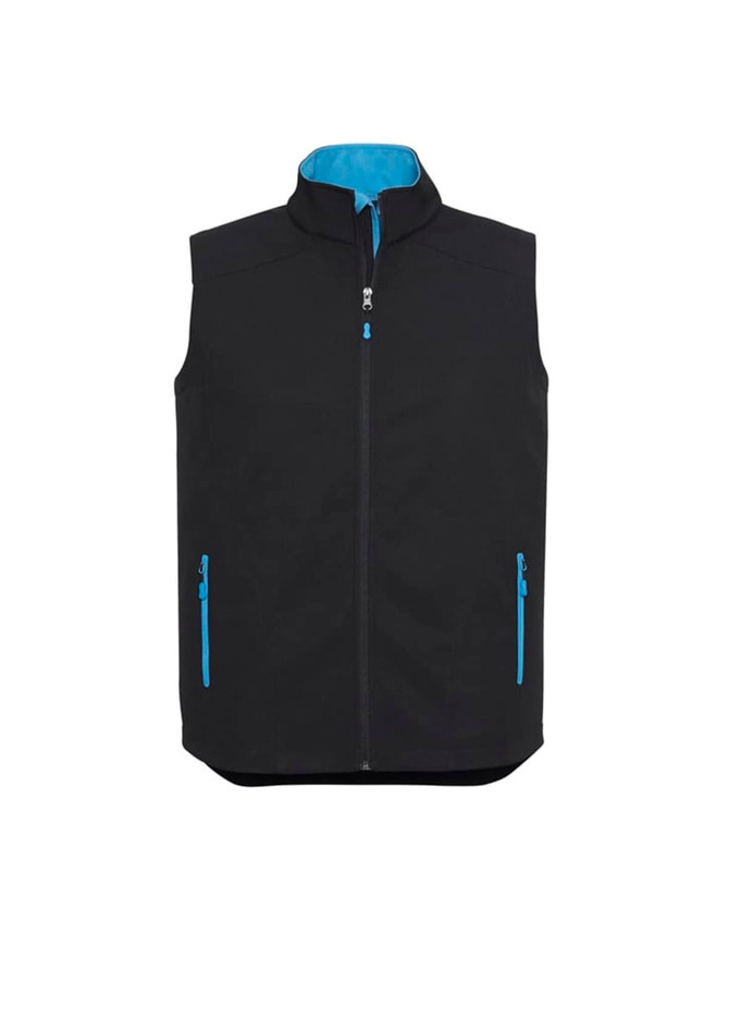A black men's vest with a blue interior and zippered pockets, featuring a logo on the front.