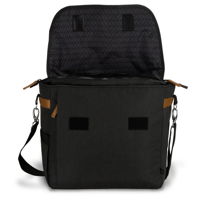 A black messenger bag with an open top, showing a patterned interior and tan detailing. It includes a shoulder strap and has a logo.